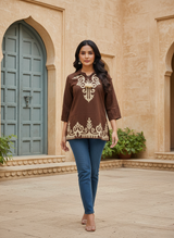 Desert Mocha Traditional Pattern Short Kurti