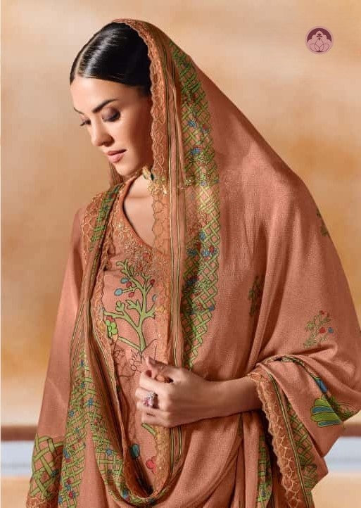 Rumani Orange Pashmina Suit Set With Appliqué Work With Chinnon Dupatta