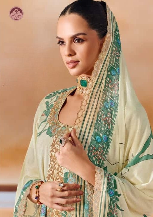 Rumani White Pashmina Suit Set With Appliqué Work With Chinnon Dupatta