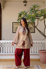 Meherzaad Beige Motif Kurta with Graceful Wine Farshi Salwar Set