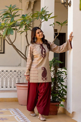 Meherzaad Beige Motif Kurta with Graceful Wine Farshi Salwar Set