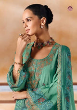 Rumani Green Pashmina Suit Set With Appliqué Work With Chinnon Dupatta