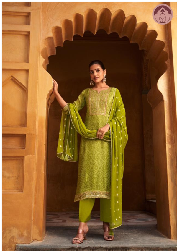 Sawari light green tissue silk embroidered suit set with silk dupatta