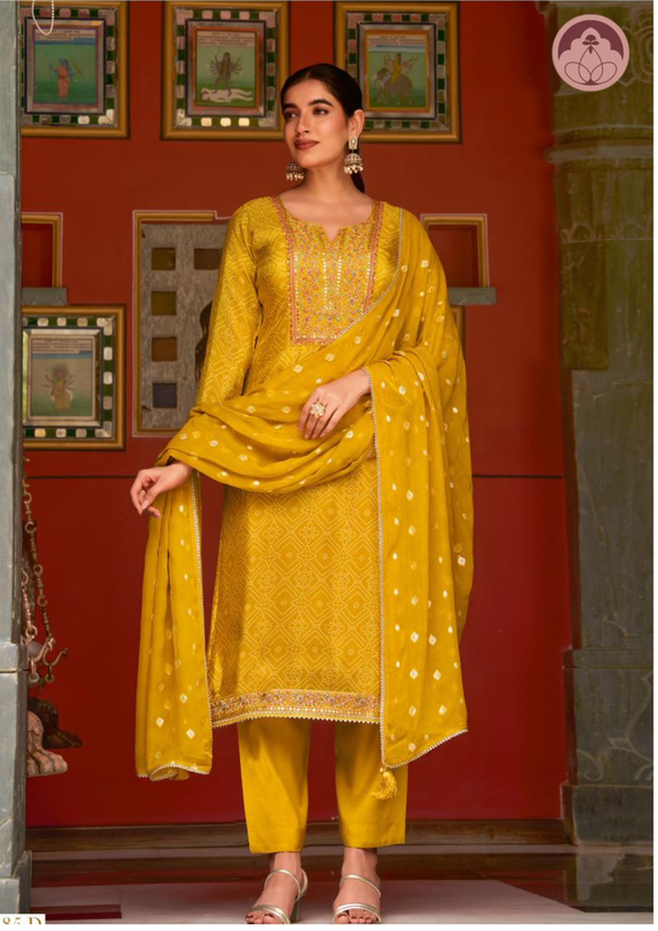 Sawari yellow tissue silk embroidered suit set with silk dupatta