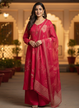 “Mehru Scarlet Elegance” Floral Printed Suit Set with Digital print Dupatta