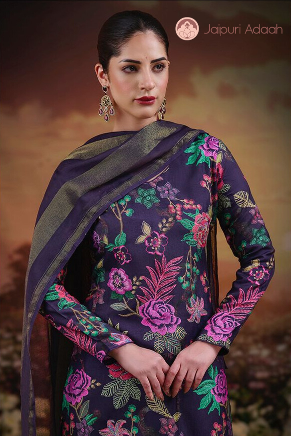 Sahara purple russian silk suit set with lace with zari dupatta