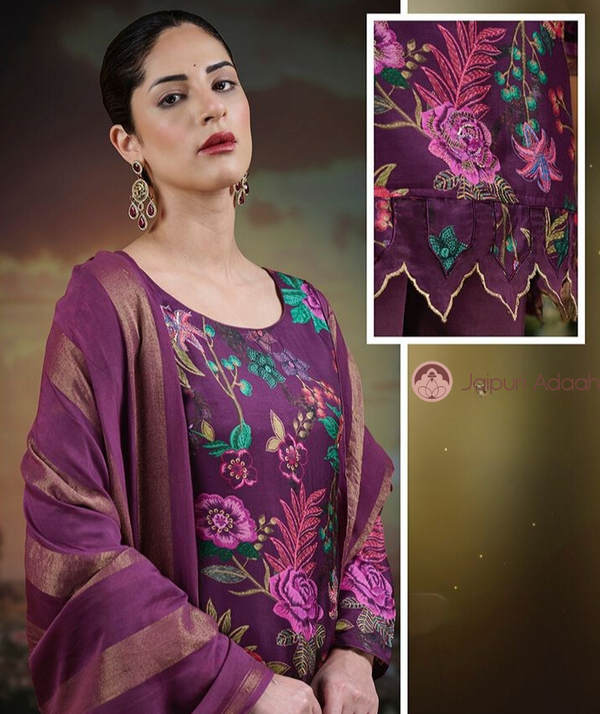 Sahara burgandy russian silk suit set with lace with zari dupatta