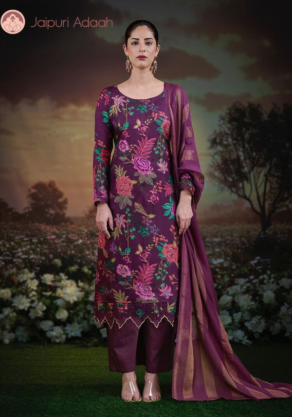 Sahara burgandy russian silk suit set with lace with zari dupatta