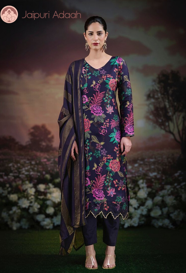 Sahara purple russian silk suit set with lace with zari dupatta
