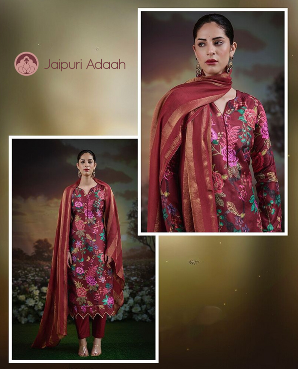 Sahara red russian silk suit set with lace with zari dupattaa
