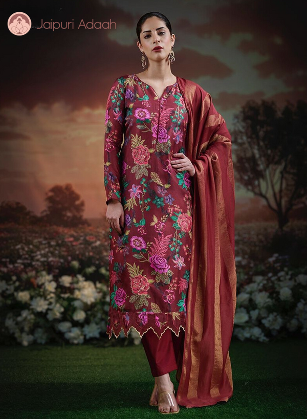 Sahara red russian silk suit set with lace with zari dupattaa