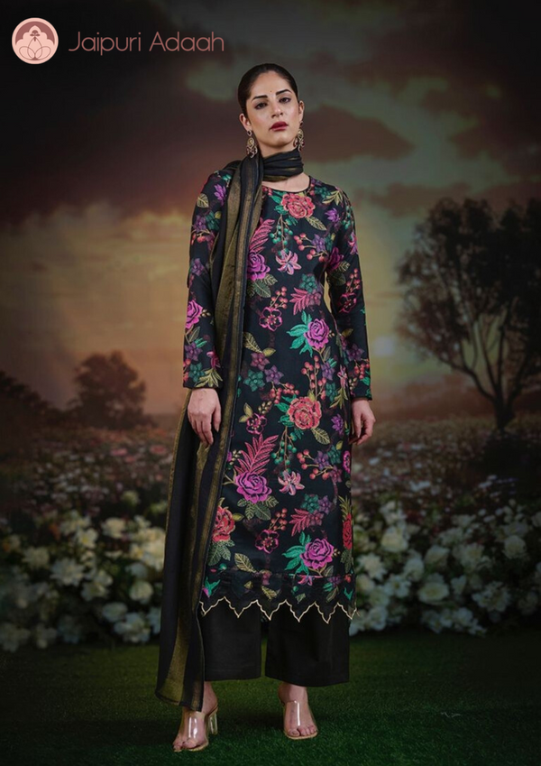 Sahara black  russian silk suit set with lace with zari dupatta