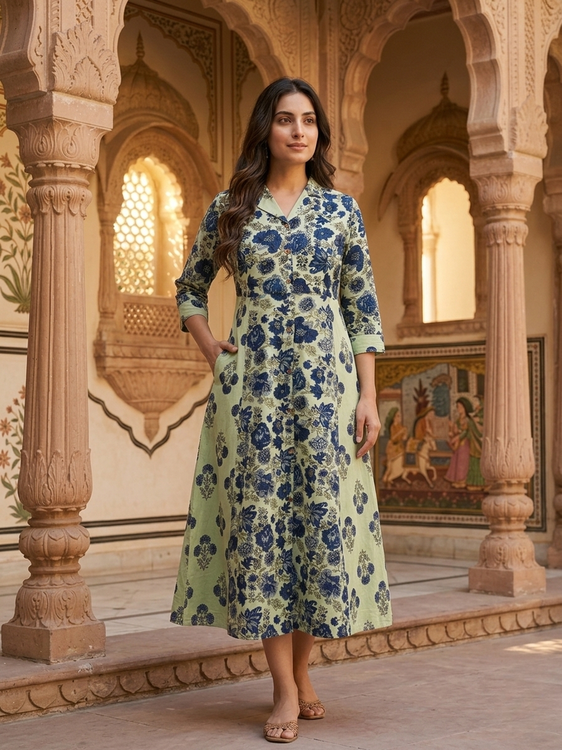 Meherzaad Mint Floral Elegance Cotton Dress