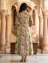 Nazakat Sage Floral Elegance Cotton Dress