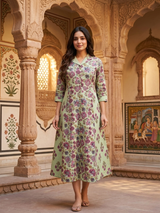 Nazakat Sage Floral Elegance Cotton Dress