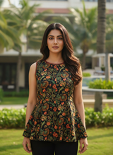 Ivory Yellow Digital Floral Sleeveless Short Kurti