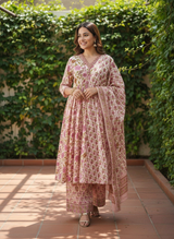 • Elegant Rose Pink Floral Suit Set with Kota Doria Dupatta