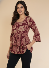 • Gulnaar Maroon Floral Peplum Style Kurti