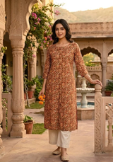 Saffron Vine Cotton A-Line Floral Print Kurti
