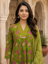 Mehreen Mehfil Green A line Style Cotton Suit Set with Dupatta