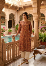 Saffron Vine Cotton A-Line Floral Print Kurti