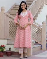 Sugna Peach Handblock Printed Cotton Kurta Pant Set