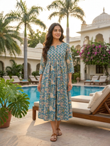 “Zehra Vistara Teal Garden Midi Cotton Dress”