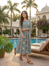 “Zehra Vistara Teal Garden Midi Cotton Dress”
