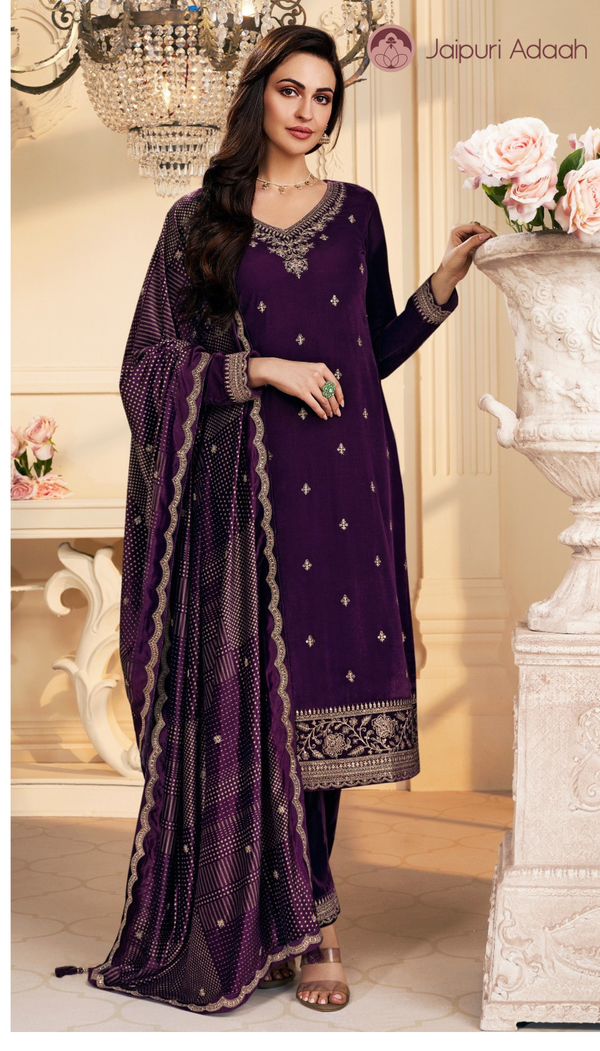 Twinkle purple embroidered velvet suit set with velvet dupatta