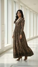 Premium Black & Gold Floral Anarkali long Dress