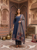 Viraasat Blue Heritage Cotton Suit Set with Cotton Dupatta