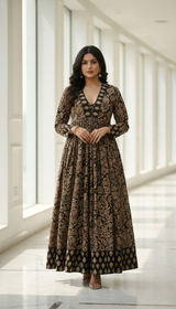 Premium Black & Gold Floral Anarkali long Dress