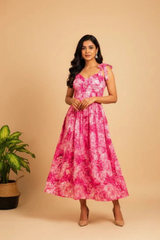 • Rosé Bloom Tie-Shoulder and Sweetheart Neck Printed Flare Dress
