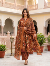 Zariya Rust Bloom A-Line Cotton Suit Set with Elegant Cotton Dupatta