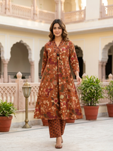 Zariya Rust Bloom A-Line Cotton Suit Set with Elegant Cotton Dupatta