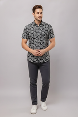 Aaron Black Leaf Print Cotton Men’s Shirt