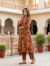 Zariya Rust Bloom A-Line Cotton Suit Set with Elegant Cotton Dupatta