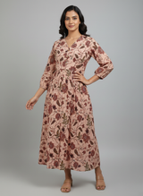 Chic Blush Pink Floral Print Button-Detail Midi Dress