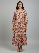 Chic Blush Pink Floral Print Button-Detail Midi Dress