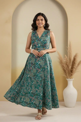 • Vrinda Teal Bloom V-Neck Printed Sleeveless Dress