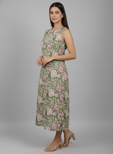 Olive Green Floral Printed Sleeveless Straight Kurti