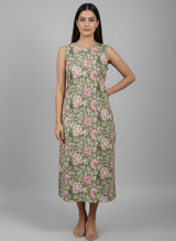 Olive Green Floral Printed Sleeveless Straight Kurti