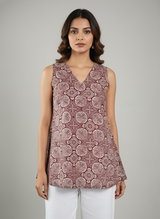 Elegant Maroon Ethnic Print Sleeveless Short Kurti