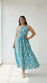 Tiffany Blue Bloom One-Shoulder Midi Dress