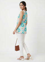 Minimal Aqua Blue Floral Sleeveless Short Kurti