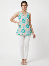 Minimal Aqua Blue Floral Sleeveless Short Kurti