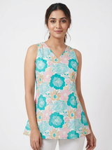 Minimal Aqua Blue Floral Sleeveless Short Kurti