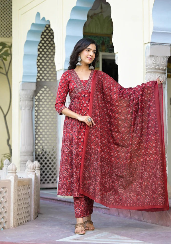 Maheen Maroon Cotton Unstitched Suit set