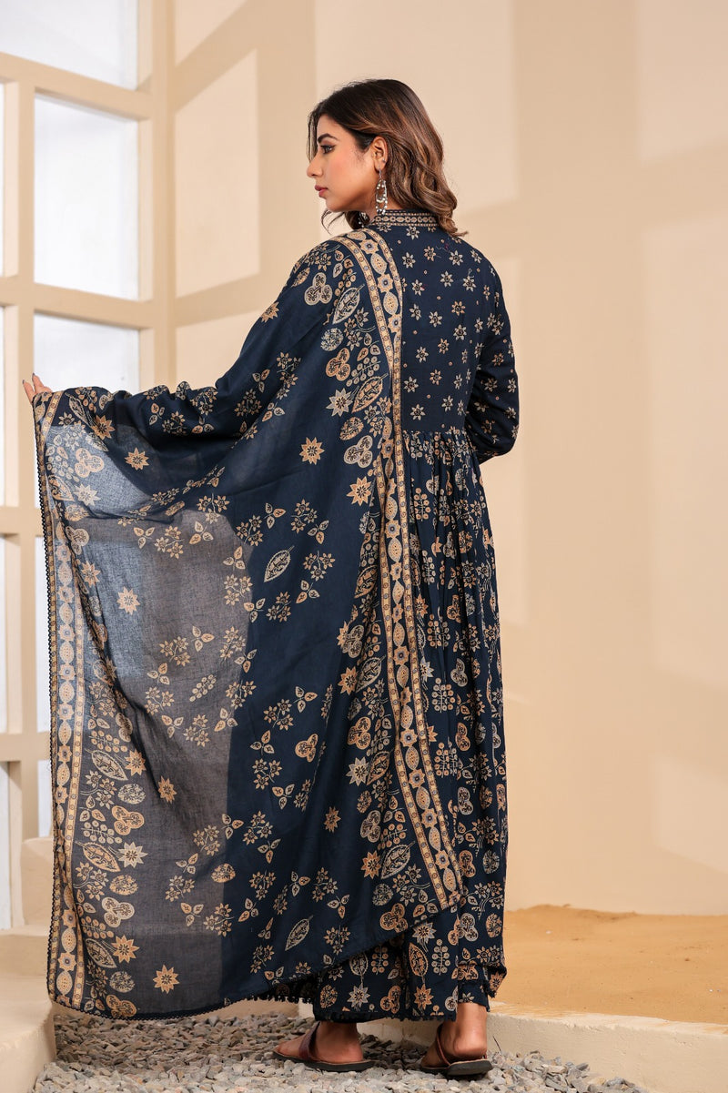 Kalki Blue Hand Embroidered Printed Cotton Suit Set