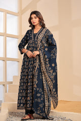 Kalki Blue Hand Embroidered Printed Cotton Suit Set